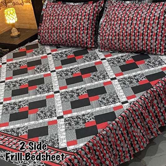 3Pc Luxury Frill Bedsheet Set – King Size | Soft Mix Cotton | 2-Sided Frill Pillow Covers
