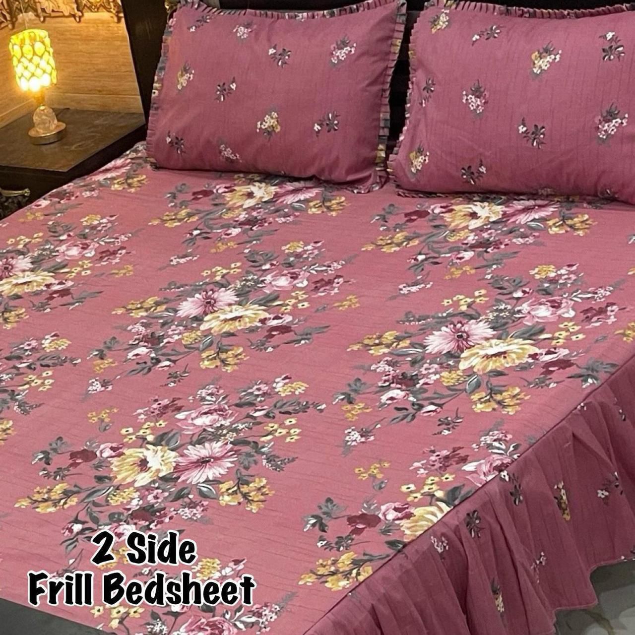 3Pc Luxury Frill Bedsheet Set – King Size | Soft Mix Cotton | 2-Sided Frill Pillow Covers