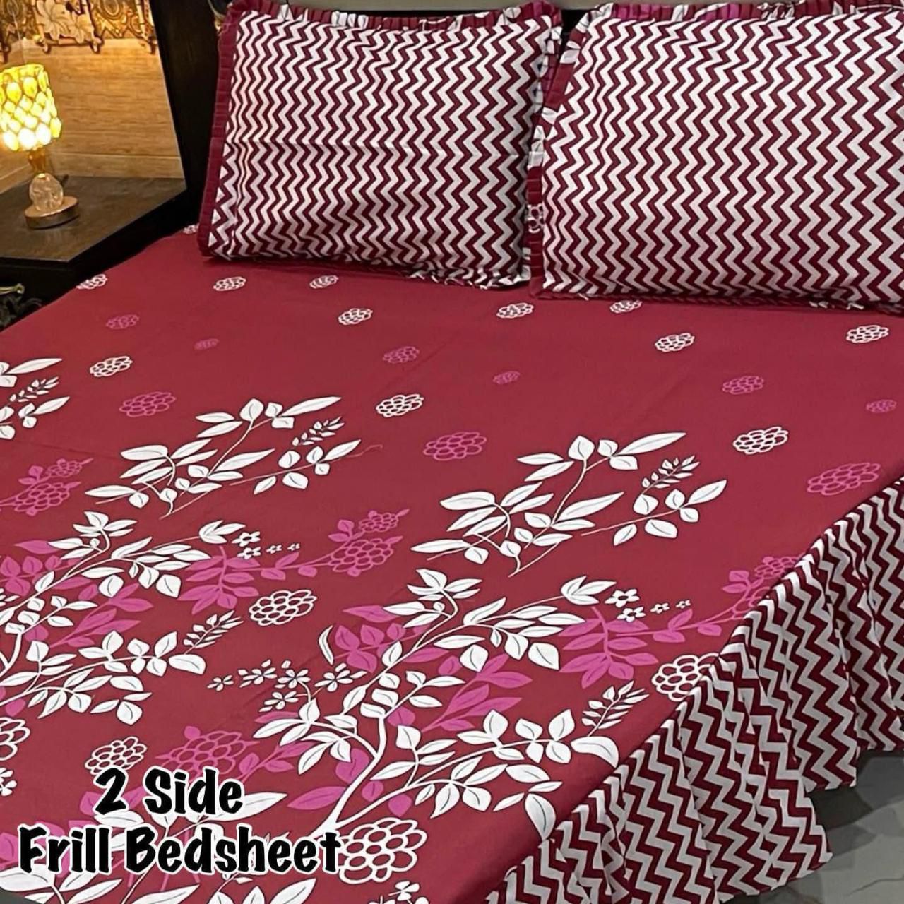 3Pc Luxury Frill Bedsheet Set – King Size | Soft Mix Cotton | 2-Sided Frill Pillow Covers